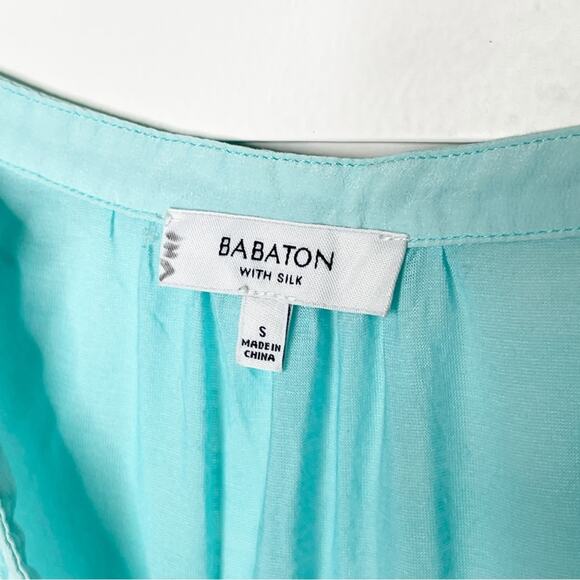 Babaton Aritizia Split Neck Silk Front Cap Sleeve Blouse Aqua Blue Size Small - Picture 4 of 9
